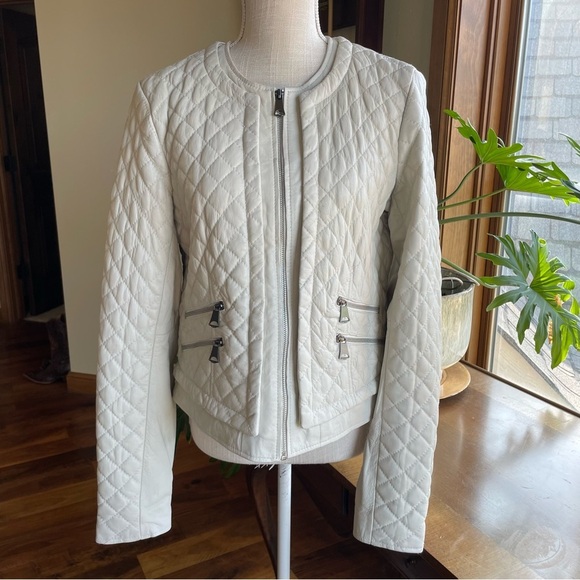 Marc New York Andrew Marc Quilted White Leather Lady Moto Jacket size L - Picture 4 of 16